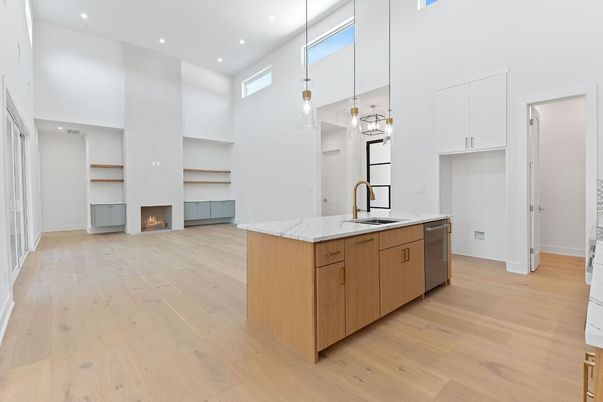 Fireplace, Interior, Kitchen, Pendant Lights, Recessed Lighting, Stainless Steel Appliances, Wood Texture Flooring