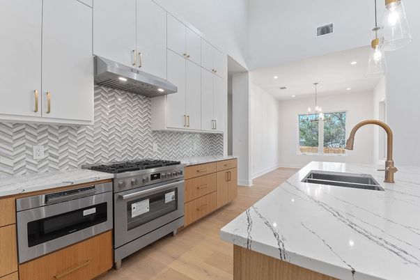 Chandelier, Interior, Kitchen, Pendant Lights, Recessed Lighting, Stainless Steel Appliances, Wood Texture Flooring