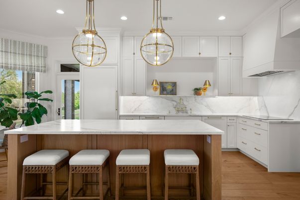 Interior, Kitchen, Marble Walls, Pendant Lights, Recessed Lighting, Wood Texture Flooring