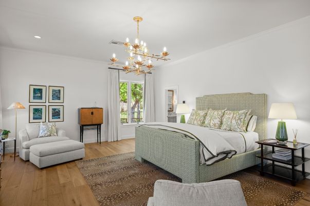 Bedroom, Chandelier, Interior, Recessed Lighting, Wood Texture Flooring