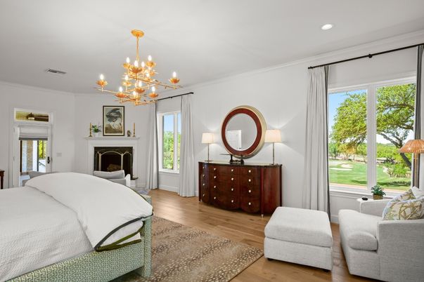Bedroom, Chandelier, Fireplace, Interior, Recessed Lighting, Wood Texture Flooring