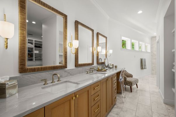 Bathroom, Dual Sink Vanities, Interior, Marble, Recessed Lighting