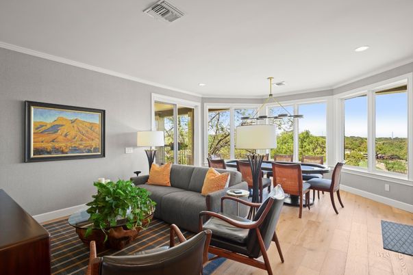 Dining room, Interior, Living room, Pendant Lights, Recessed Lighting, Wood Texture Flooring