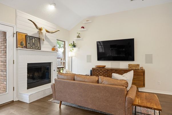 Fireplace, Interior, Living room, Stone Walls, Wood Texture Flooring