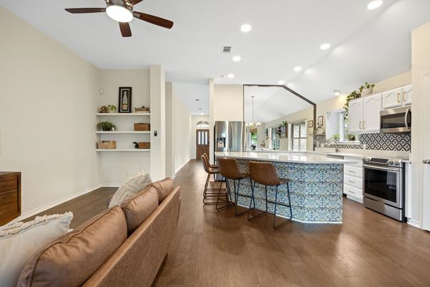 Chandelier, Interior, Kitchen, Living room, Recessed Lighting, Stainless Steel Appliances, Wood Texture Flooring