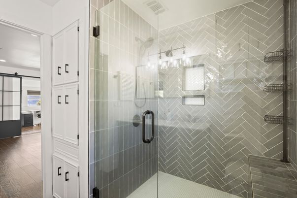 Bathroom, Glass Shower, Interior, Wood Texture Flooring