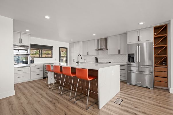 Interior, Kitchen, Recessed Lighting, Stainless Steel Appliances, Wood Texture Flooring