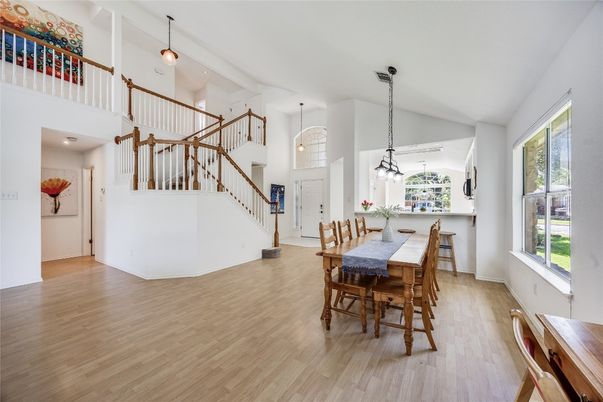 Dining room, Interior, Pendant Lights, Wood Texture Flooring