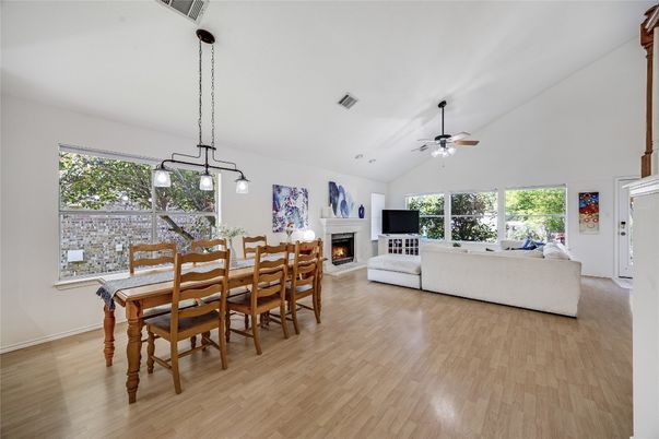 Dining room, Fireplace, Interior, Living room, Pendant Lights, Wood Texture Flooring