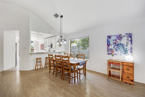 Dining room, Interior, Kitchen, Pendant Lights, Wood Texture Flooring