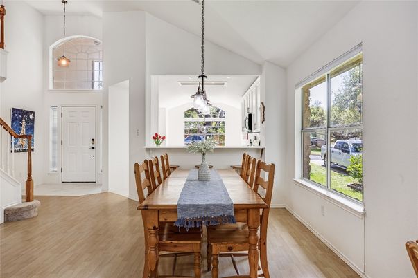 Dining room, Interior, Pendant Lights, Wood Texture Flooring
