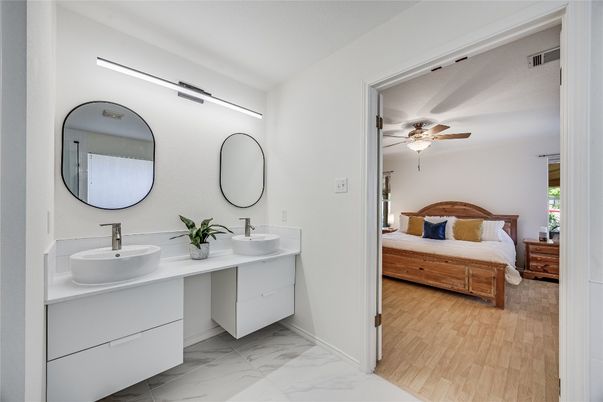 Bathroom, Bedroom, Dual Sink Vanities, Interior, Marble, Wood Texture Flooring