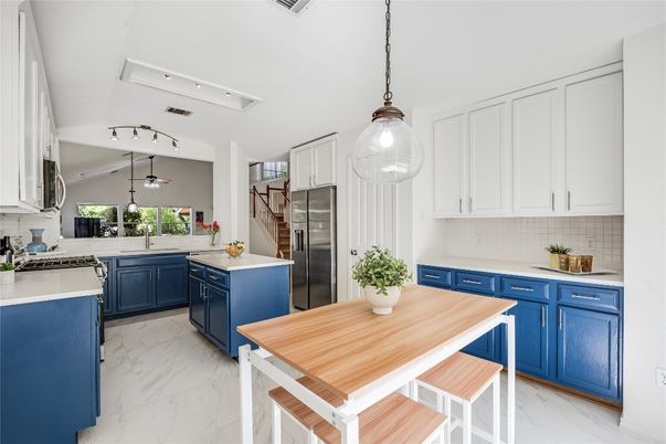 Interior, Kitchen, Marble, Pendant Lights, Stainless Steel Appliances