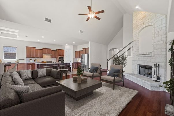Fireplace, Interior, Kitchen, Living room, Recessed Lighting, Stone Walls, Wood Texture Flooring