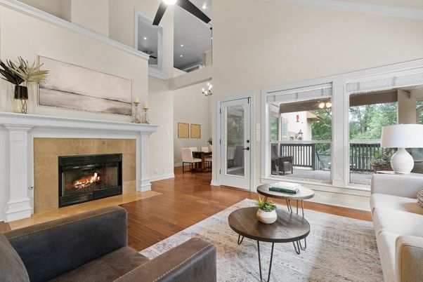 Fireplace, Interior, Living room, Recessed Lighting, Wood Texture Flooring