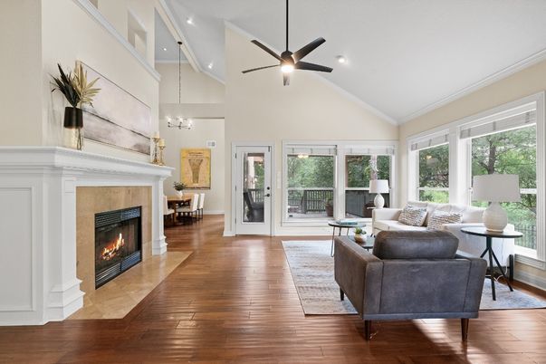 Fireplace, Interior, Living room, Pendant Lights, Recessed Lighting, Wood Texture Flooring
