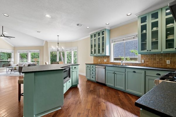 Chandelier, Interior, Kitchen, Pendant Lights, Recessed Lighting, Wood Texture Flooring
