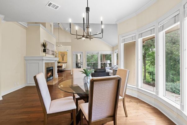 Chandelier, Dining room, Fireplace, Interior, Living room, Wood Texture Flooring