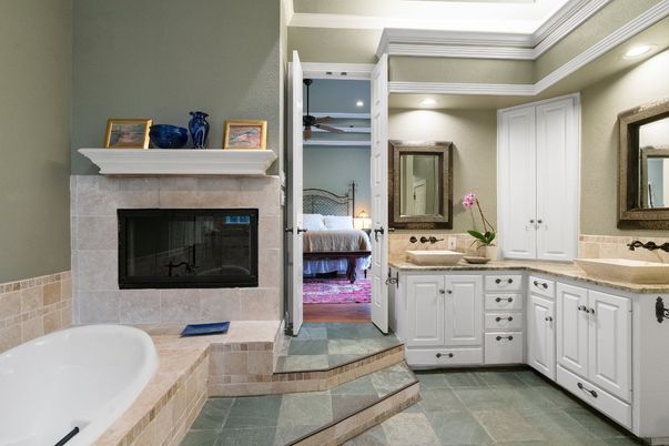 Bathroom, Bedroom, Dual Sink Vanities, Fireplace, Interior, Recessed Lighting