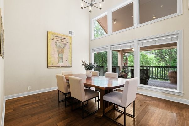 Dining room, Interior, Pendant Lights, Wood Texture Flooring