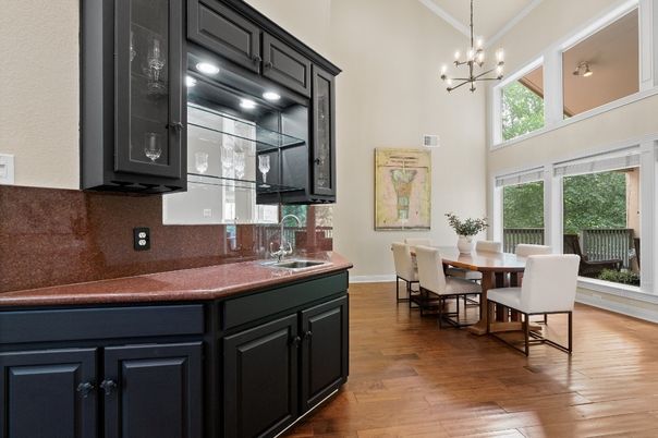 Dining room, Interior, Pendant Lights, Wood Texture Flooring