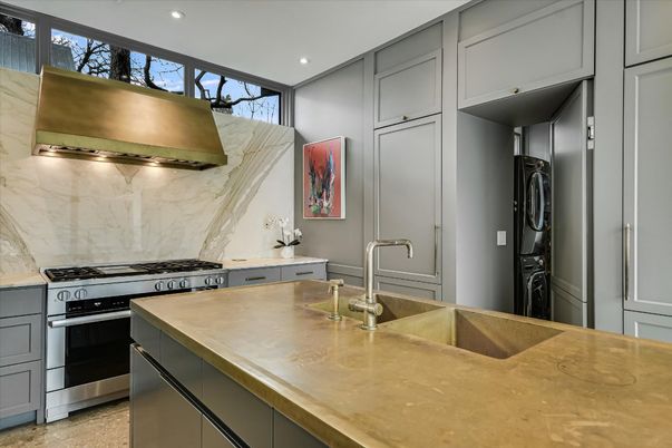 Interior, Kitchen, Marble Walls, Recessed Lighting, Stainless Steel Appliances