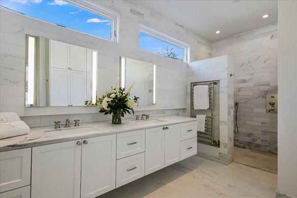 Bathroom, Dual Sink Vanities, Glass Shower, Interior, Marble, Marble Walls, Recessed Lighting