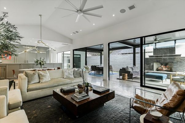 Fireplace, Interior, Living room, Pendant Lights, Recessed Lighting, Stone Walls