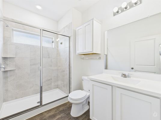 Bathroom, Glass Shower, Interior, Recessed Lighting, Wood Texture Flooring