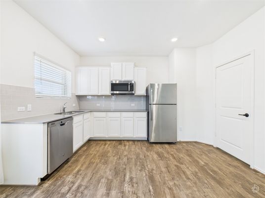 Interior, Kitchen, Recessed Lighting, Stainless Steel Appliances, Wood Texture Flooring