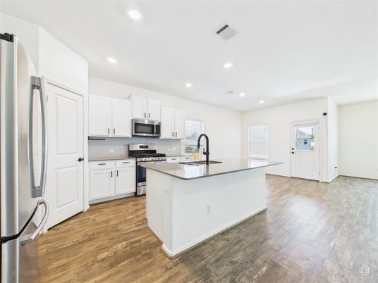 Interior, Kitchen, Recessed Lighting, Stainless Steel Appliances, Wood Texture Flooring