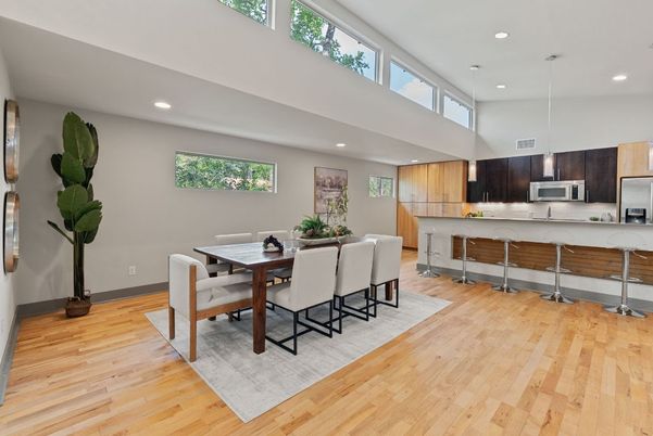 Dining room, Interior, Kitchen, Pendant Lights, Recessed Lighting, Wood Texture Flooring