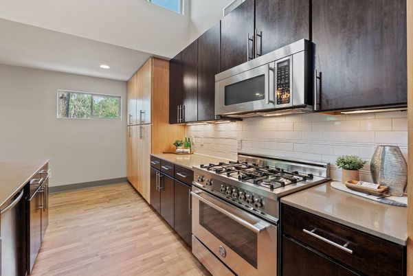 Interior, Kitchen, Recessed Lighting, Stainless Steel Appliances, Wood Texture Flooring