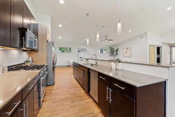 Interior, Kitchen, Pendant Lights, Recessed Lighting, Stainless Steel Appliances, Wood Texture Flooring