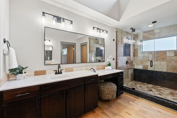 Bathroom, Dual Sink Vanities, Glass Shower, Interior, Wood Texture Flooring