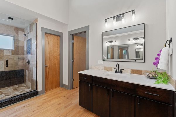 Bathroom, Dual Sink Vanities, Glass Shower, Interior, Wood Texture Flooring