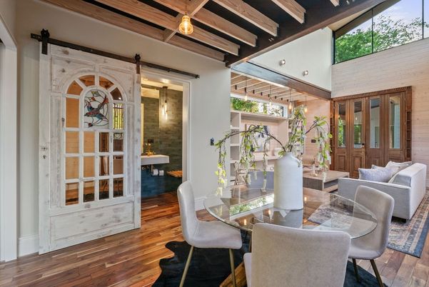 Dining room, Interior, Pendant Lights, Recessed Lighting, Stone Walls, Wooden Beams, Wood Texture Flooring, Wooden Walls