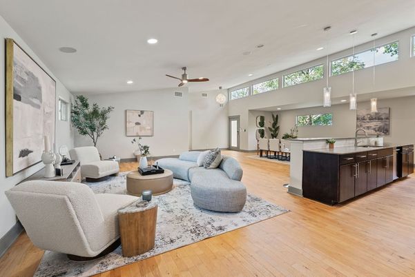 Dining room, Interior, Living room, Pendant Lights, Recessed Lighting, Wood Texture Flooring