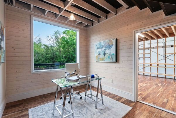 Home Office, Interior, Pendant Lights, Wooden Beams, Wood Texture Flooring, Wooden Walls