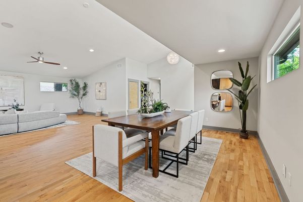 Dining room, Interior, Recessed Lighting, Wood Texture Flooring