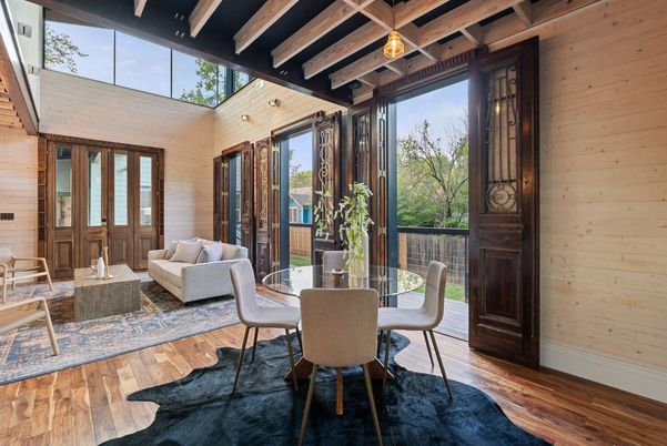 Dining room, Interior, Living room, Pendant Lights, Wooden Beams, Wood Texture Flooring, Wooden Walls
