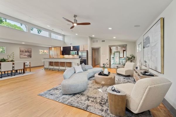 Dining room, Interior, Kitchen, Living room, Recessed Lighting, Stainless Steel Appliances, Wood Texture Flooring