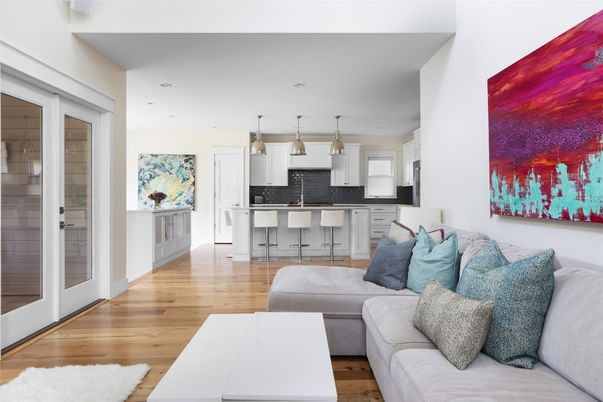 Interior, Kitchen, Living room, Pendant Lights, Recessed Lighting, Wood Texture Flooring