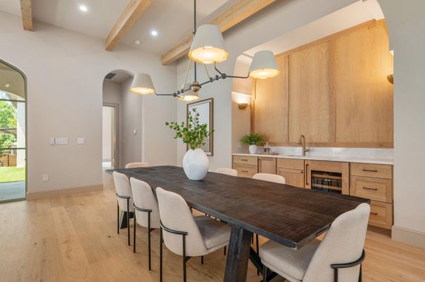 Dining room, Interior, Pendant Lights, Recessed Lighting, Wooden Beams, Wood Texture Flooring