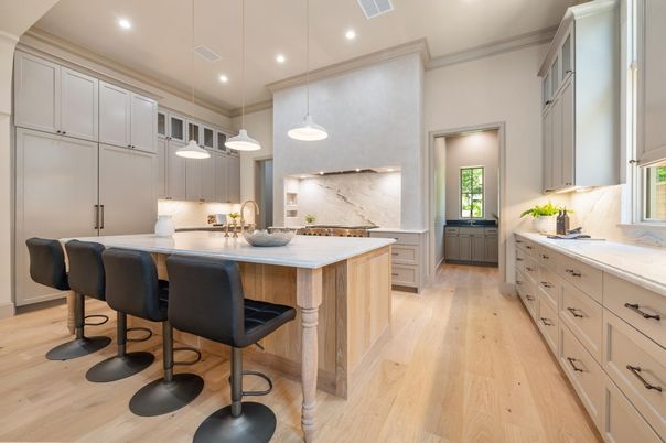 Interior, Kitchen, Marble Walls, Pendant Lights, Recessed Lighting, Wood Texture Flooring