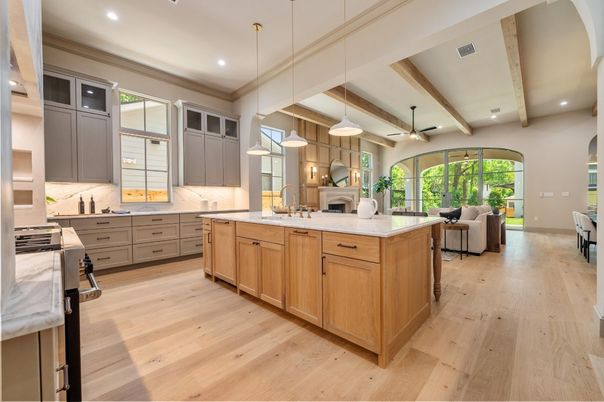 Interior, Kitchen, Living room, Pendant Lights, Recessed Lighting, Wooden Beams, Wood Texture Flooring