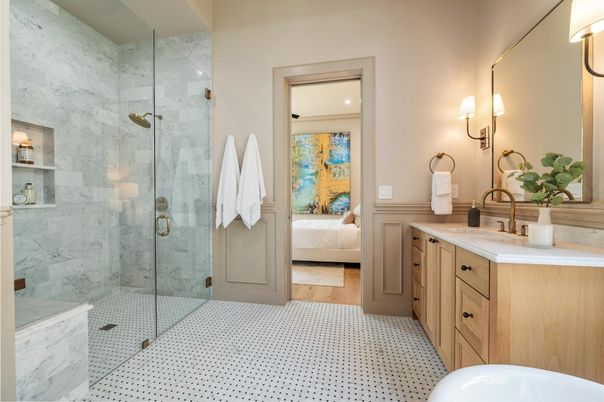Bathroom, Bedroom, Glass Shower, Interior, Marble Walls, Recessed Lighting, Wood Texture Flooring