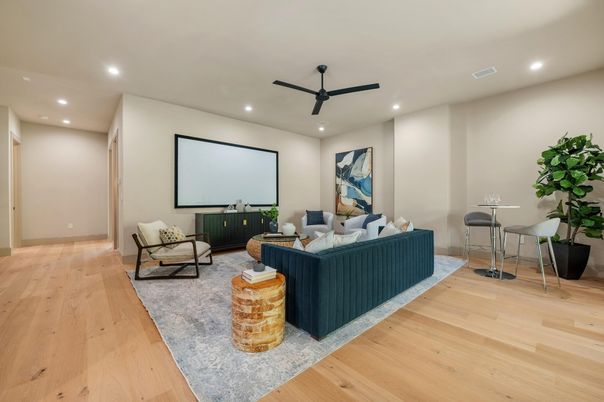 Interior, Living room, Projection Screen, Recessed Lighting, Wood Texture Flooring