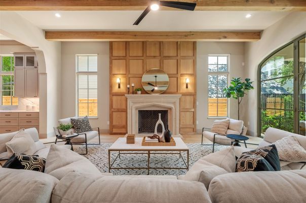 Fireplace, Interior, Living room, Recessed Lighting, Wooden Beams