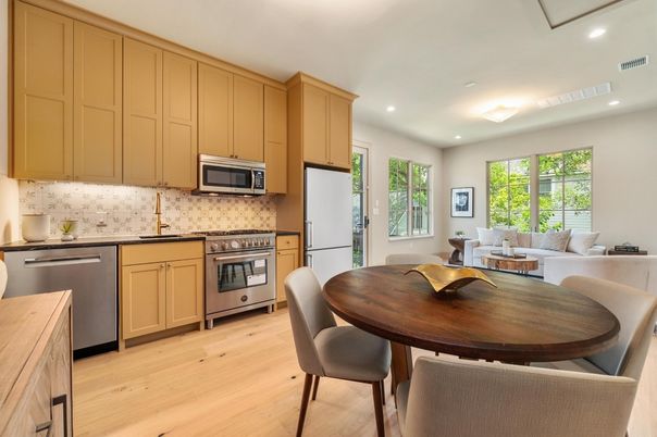 Dining room, Interior, Kitchen, Living room, Recessed Lighting, Stainless Steel Appliances, Wood Texture Flooring